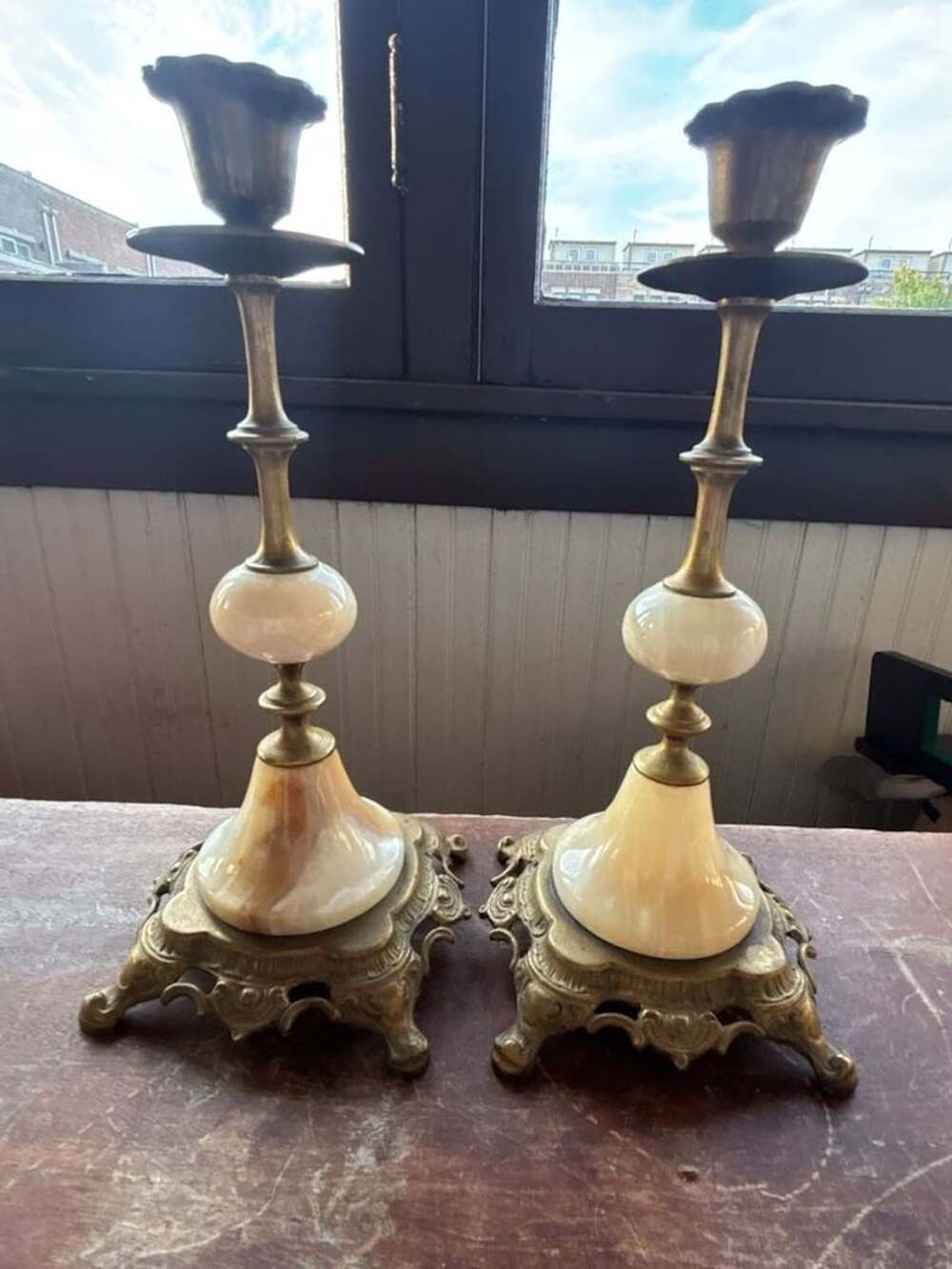Vintage Brass And Alabaster Onyx Candlestick Holders Pair